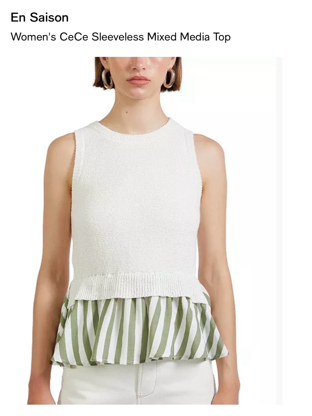 En Saison White Tank Top with Green-White Striped Peplum